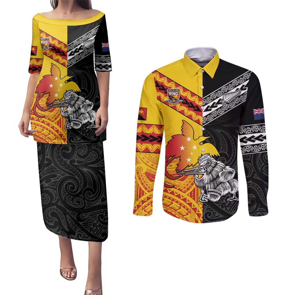 New Zealand And Papua New Guinea Rugby Custom Couples Matching Puletasi and Long Sleeve Button Shirt Maori Kiwi With Bird of Paradise LT05 Black - Polynesian Pride