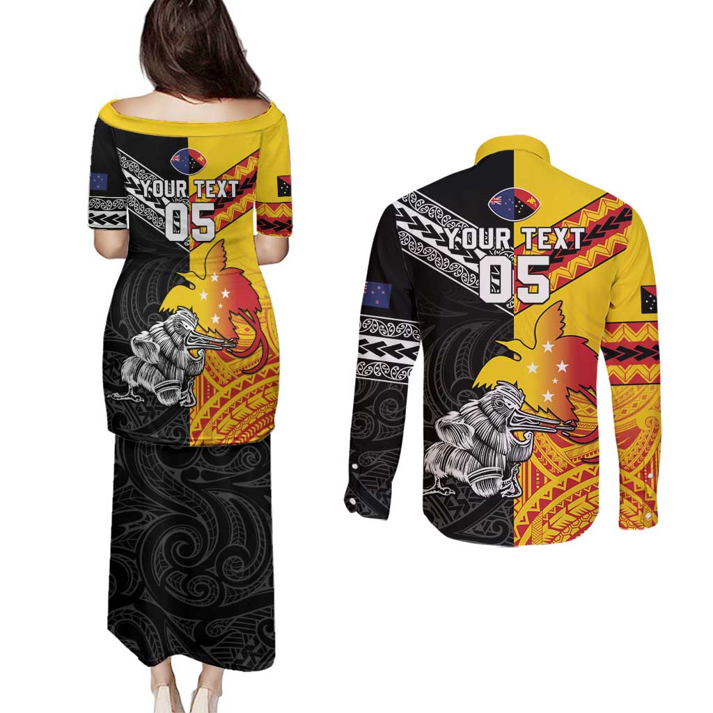 New Zealand And Papua New Guinea Rugby Custom Couples Matching Puletasi and Long Sleeve Button Shirt Maori Kiwi With Bird of Paradise LT05 - Polynesian Pride