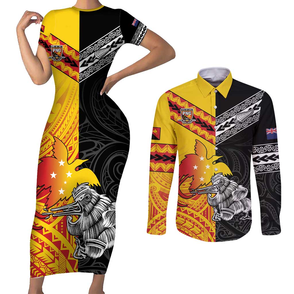 New Zealand And Papua New Guinea Rugby Custom Couples Matching Short Sleeve Bodycon Dress and Long Sleeve Button Shirt Maori Kiwi With Bird of Paradise LT05 Black - Polynesian Pride