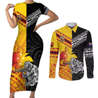 New Zealand And Papua New Guinea Rugby Custom Couples Matching Short Sleeve Bodycon Dress and Long Sleeve Button Shirt Maori Kiwi With Bird of Paradise LT05 Black - Polynesian Pride