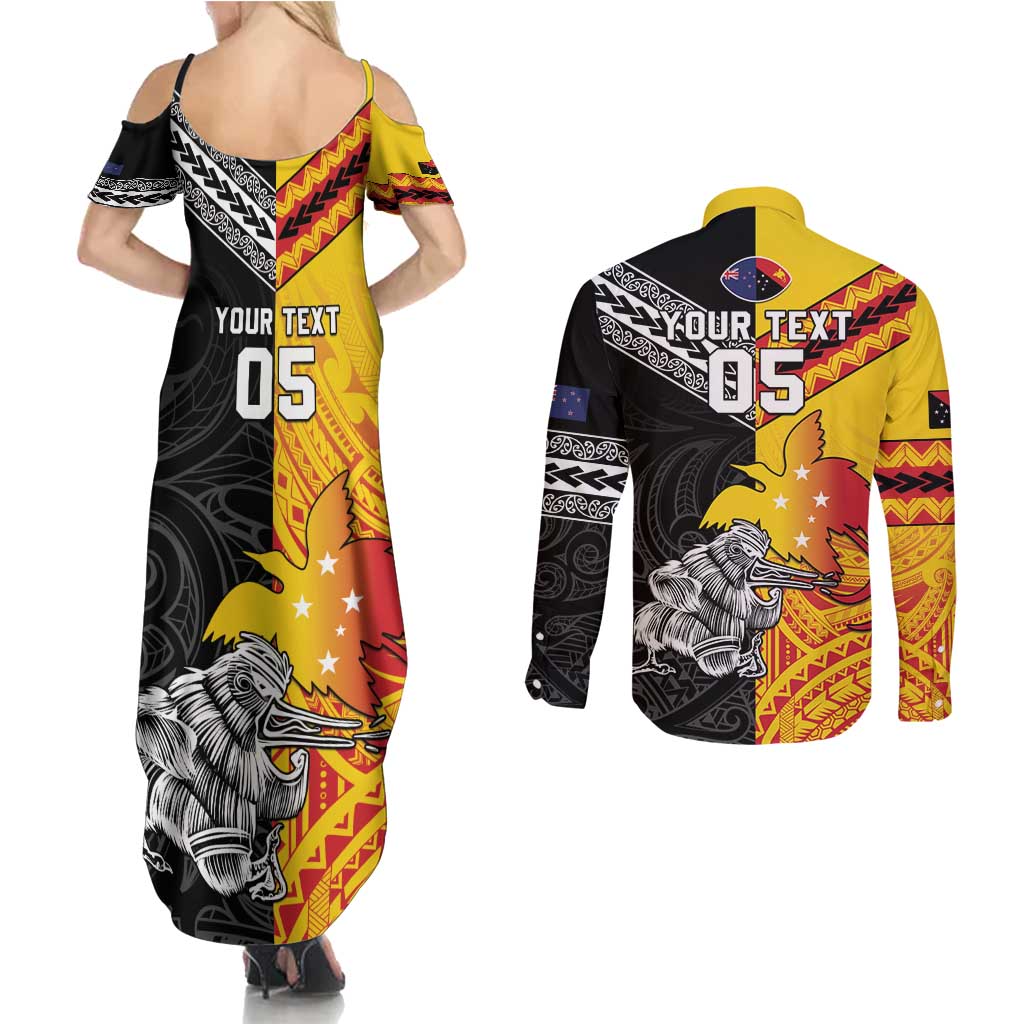 New Zealand And Papua New Guinea Rugby Custom Couples Matching Summer Maxi Dress and Long Sleeve Button Shirt Maori Kiwi With Bird of Paradise LT05 - Polynesian Pride