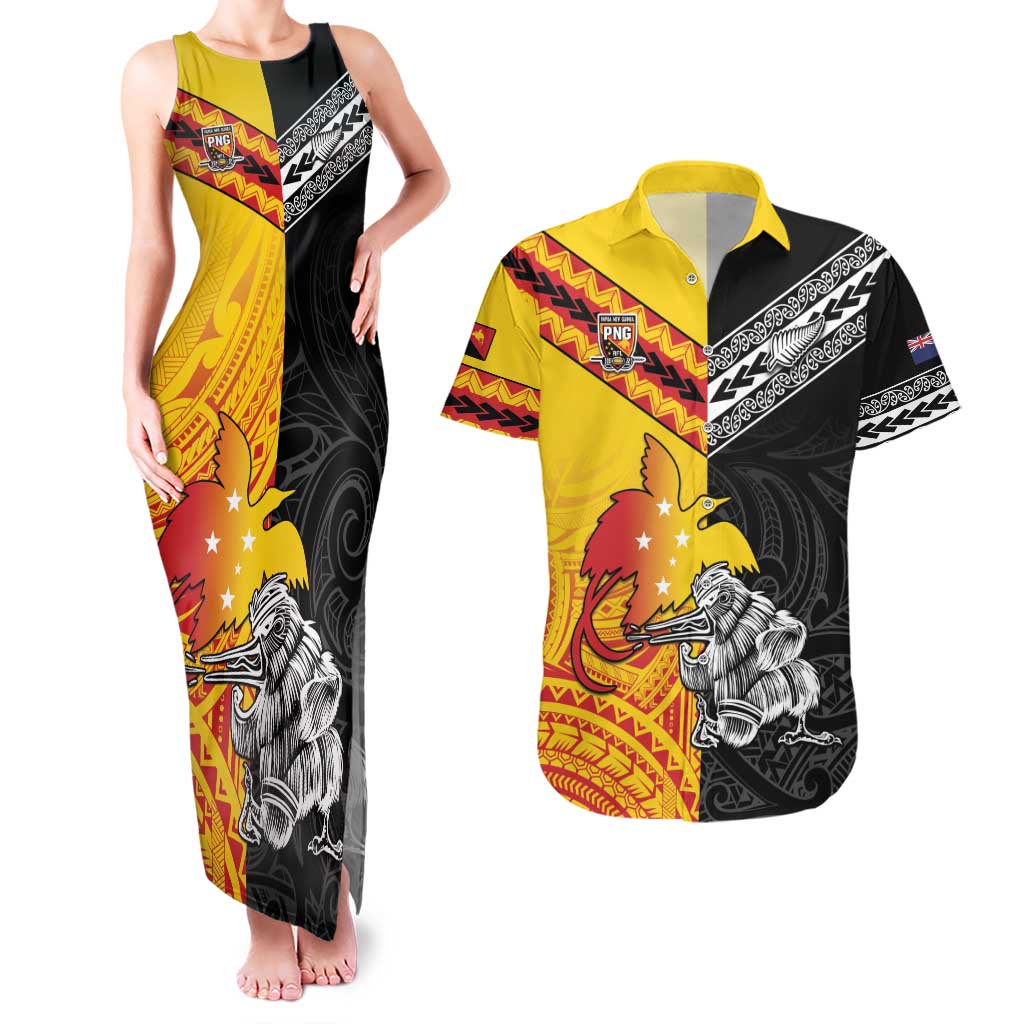 New Zealand And Papua New Guinea Rugby Custom Couples Matching Tank Maxi Dress and Hawaiian Shirt Maori Kiwi With Bird of Paradise LT05 Black - Polynesian Pride