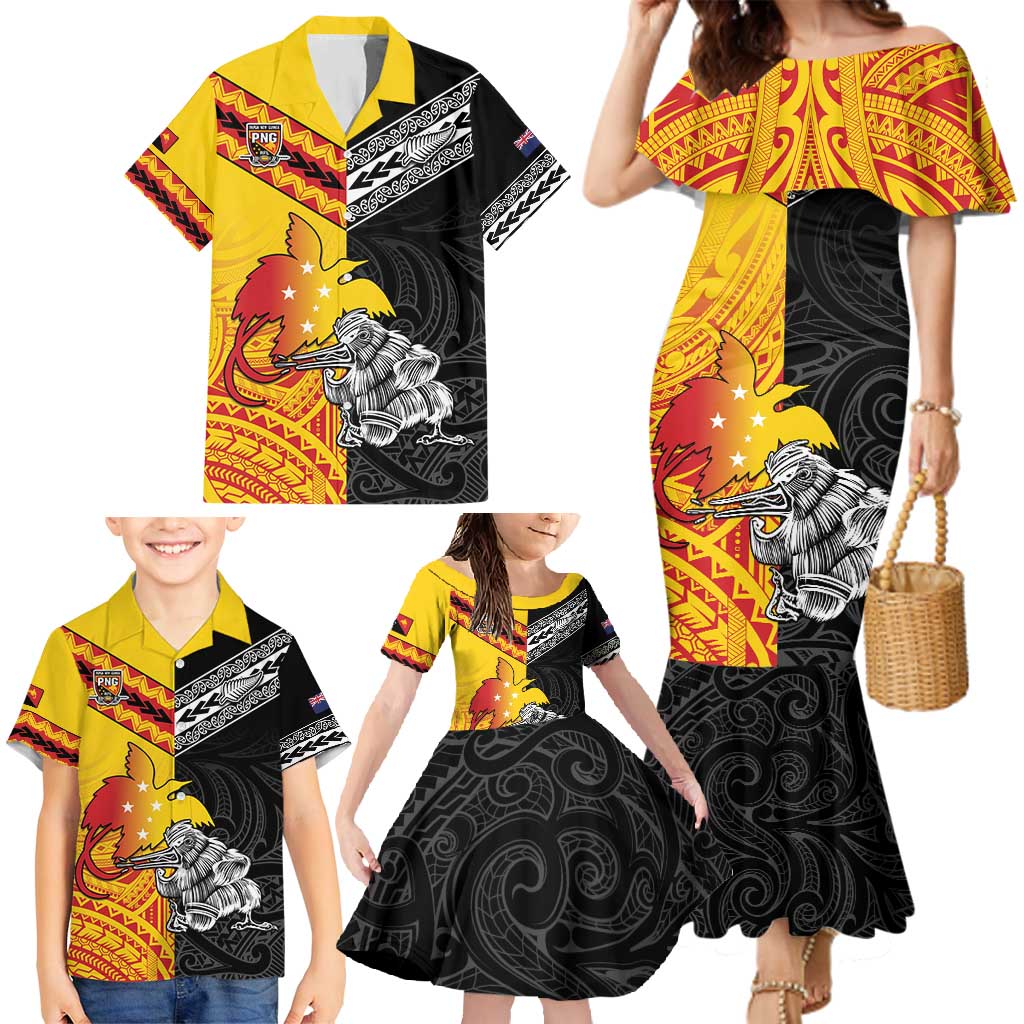 New Zealand And Papua New Guinea Rugby Custom Family Matching Mermaid Dress and Hawaiian Shirt Maori Kiwi With Bird of Paradise LT05 - Polynesian Pride