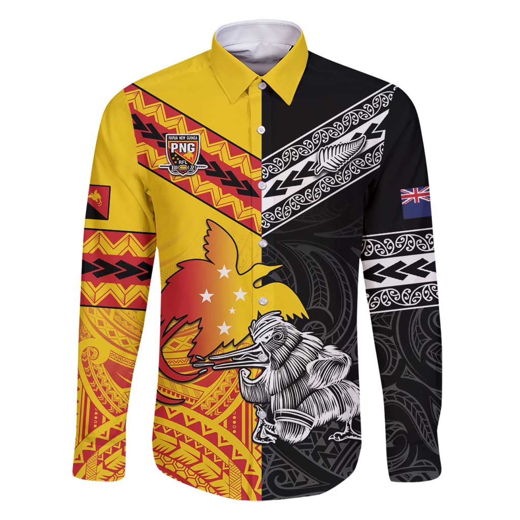 New Zealand And Papua New Guinea Rugby Custom Family Matching Mermaid Dress and Hawaiian Shirt Maori Kiwi With Bird of Paradise LT05 Dad's Shirt - Long Sleeve Black - Polynesian Pride