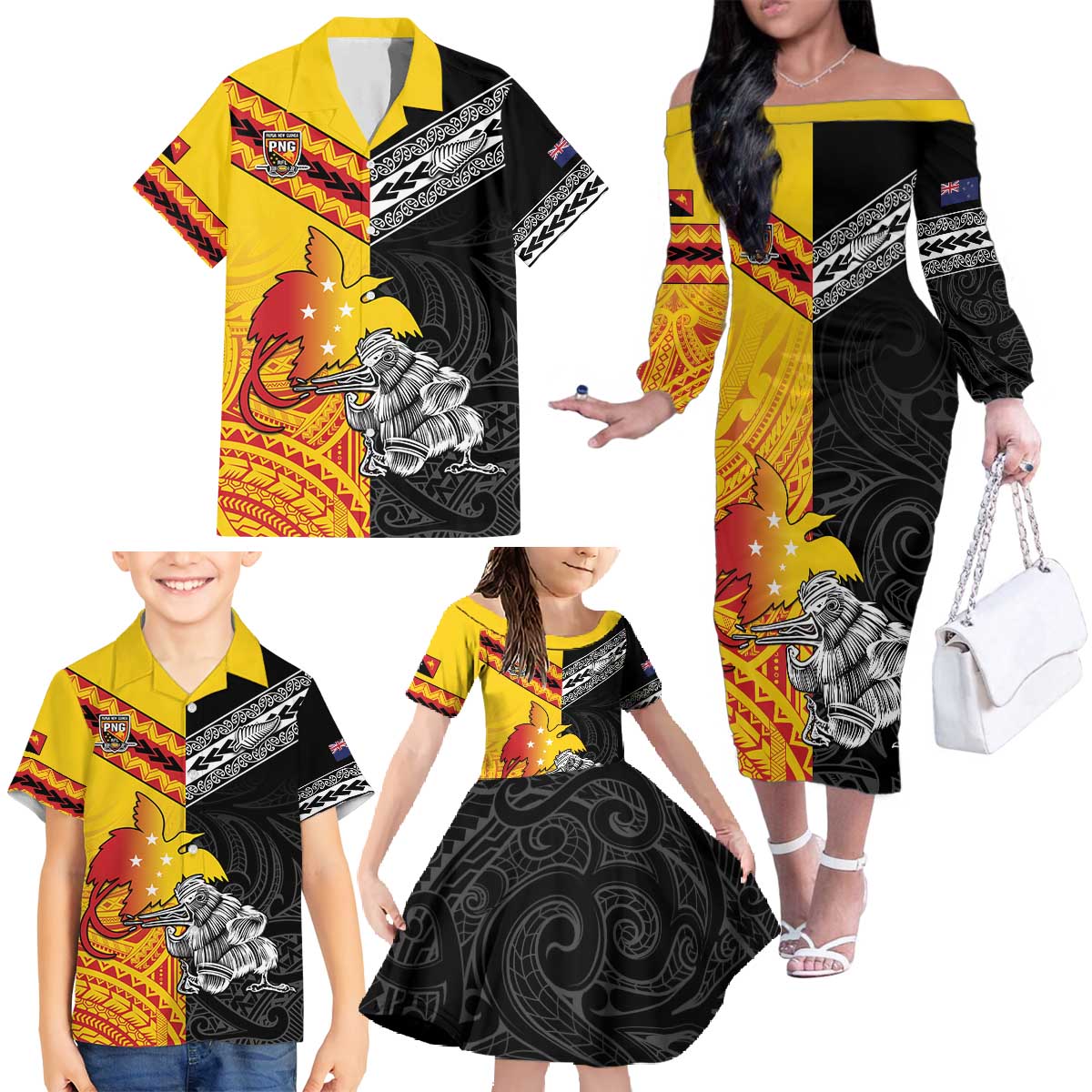 New Zealand And Papua New Guinea Rugby Custom Family Matching Off The Shoulder Long Sleeve Dress and Hawaiian Shirt Maori Kiwi With Bird of Paradise LT05 - Polynesian Pride