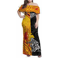 New Zealand And Papua New Guinea Rugby Custom Family Matching Off Shoulder Maxi Dress and Hawaiian Shirt Maori Kiwi With Bird of Paradise LT05 Mom's Dress Black - Polynesian Pride