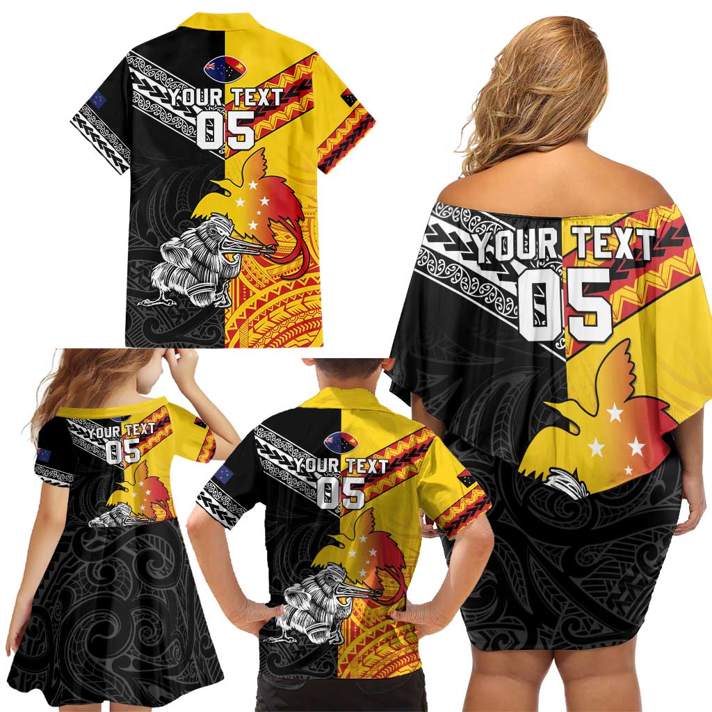 New Zealand And Papua New Guinea Rugby Custom Family Matching Off Shoulder Short Dress and Hawaiian Shirt Maori Kiwi With Bird of Paradise LT05 - Polynesian Pride