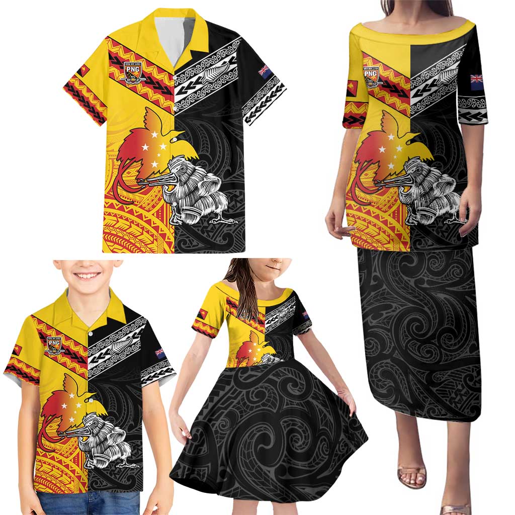 New Zealand And Papua New Guinea Rugby Custom Family Matching Puletasi and Hawaiian Shirt Maori Kiwi With Bird of Paradise LT05 - Polynesian Pride