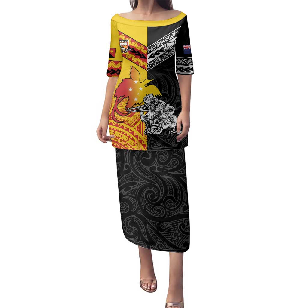 New Zealand And Papua New Guinea Rugby Custom Family Matching Puletasi and Hawaiian Shirt Maori Kiwi With Bird of Paradise LT05 Mom's Dress Black - Polynesian Pride