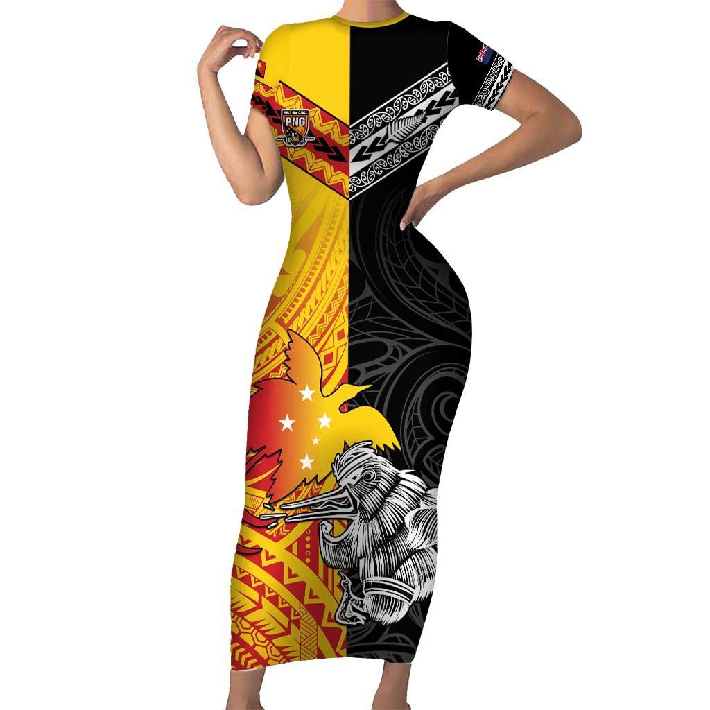 New Zealand And Papua New Guinea Rugby Custom Family Matching Short Sleeve Bodycon Dress and Hawaiian Shirt Maori Kiwi With Bird of Paradise LT05 Mom's Dress Black - Polynesian Pride