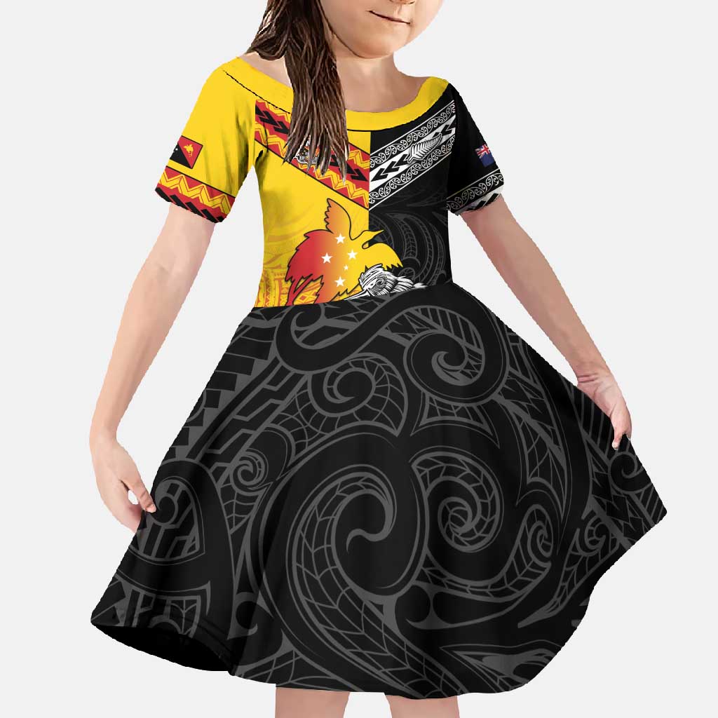 New Zealand And Papua New Guinea Rugby Custom Family Matching Summer Maxi Dress and Hawaiian Shirt Maori Kiwi With Bird of Paradise LT05 Daughter's Dress Black - Polynesian Pride