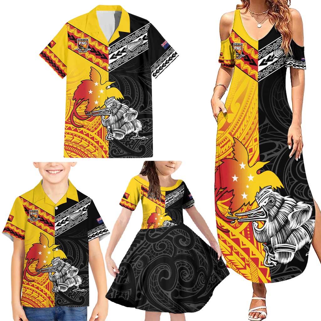 New Zealand And Papua New Guinea Rugby Custom Family Matching Summer Maxi Dress and Hawaiian Shirt Maori Kiwi With Bird of Paradise LT05 - Polynesian Pride