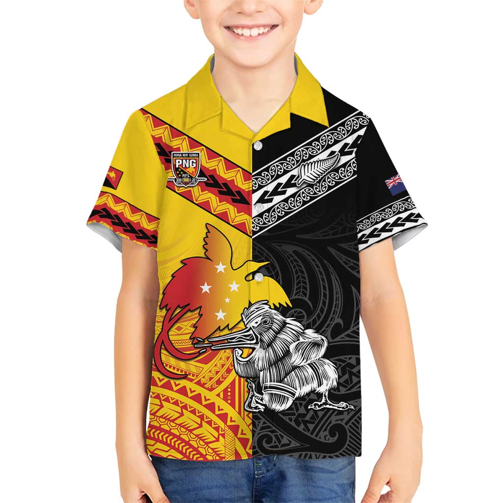 New Zealand And Papua New Guinea Rugby Custom Family Matching Tank Maxi Dress and Hawaiian Shirt Maori Kiwi With Bird of Paradise LT05 Son's Shirt Black - Polynesian Pride