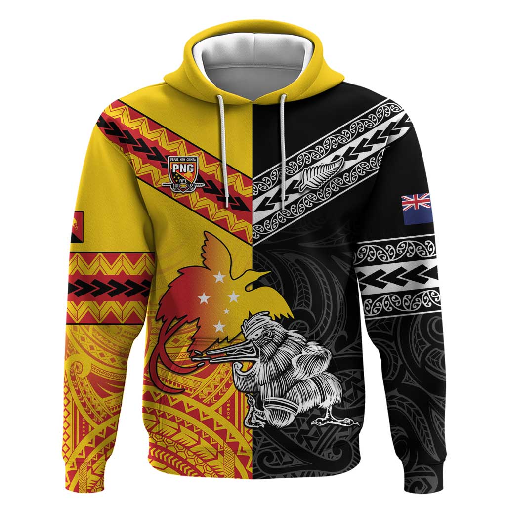 New Zealand And Papua New Guinea Rugby Custom Hoodie Maori Kiwi With Bird of Paradise LT05 Pullover Hoodie Black - Polynesian Pride