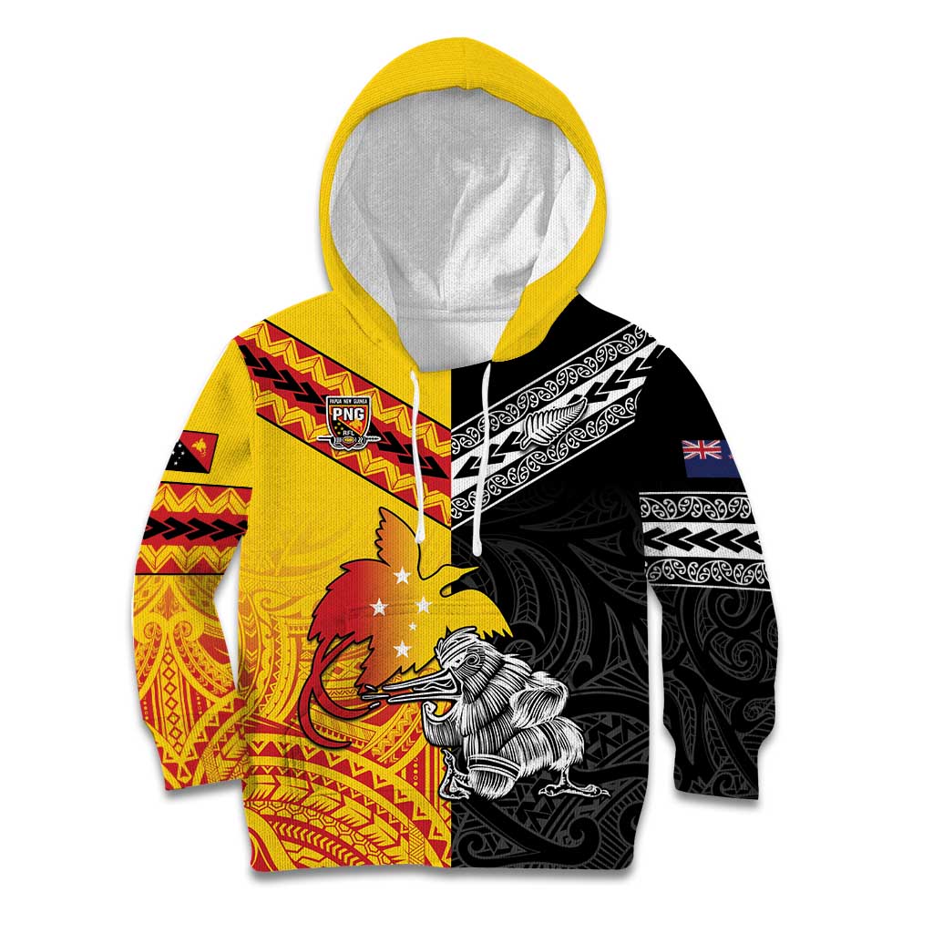 New Zealand And Papua New Guinea Rugby Custom Kid Hoodie Maori Kiwi With Bird of Paradise LT05 Hoodie Black - Polynesian Pride