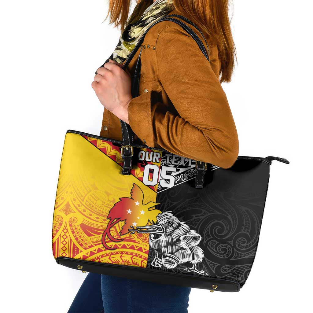 New Zealand And Papua New Guinea Rugby Custom Leather Tote Bag Maori Kiwi With Bird of Paradise LT05 Black - Polynesian Pride