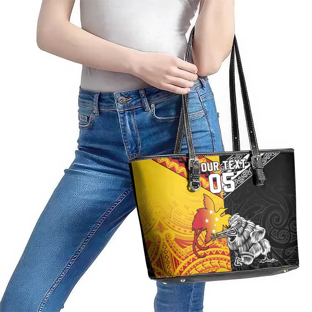 New Zealand And Papua New Guinea Rugby Custom Leather Tote Bag Maori Kiwi With Bird of Paradise LT05 - Polynesian Pride