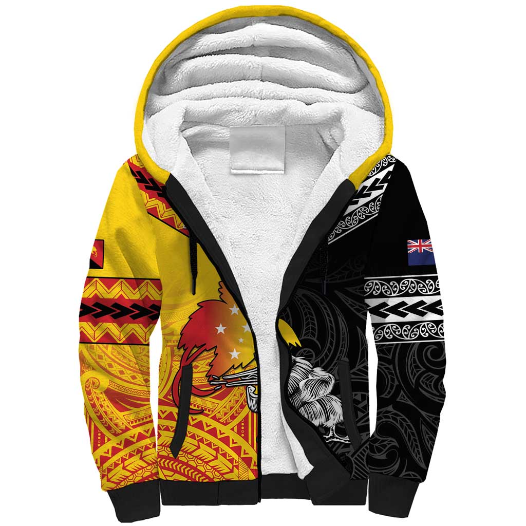 New Zealand And Papua New Guinea Rugby Custom Sherpa Hoodie Maori Kiwi With Bird of Paradise LT05 Unisex Black - Polynesian Pride