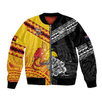 New Zealand And Papua New Guinea Rugby Custom Sleeve Zip Bomber Jacket Maori Kiwi With Bird of Paradise LT05 Unisex Black - Polynesian Pride