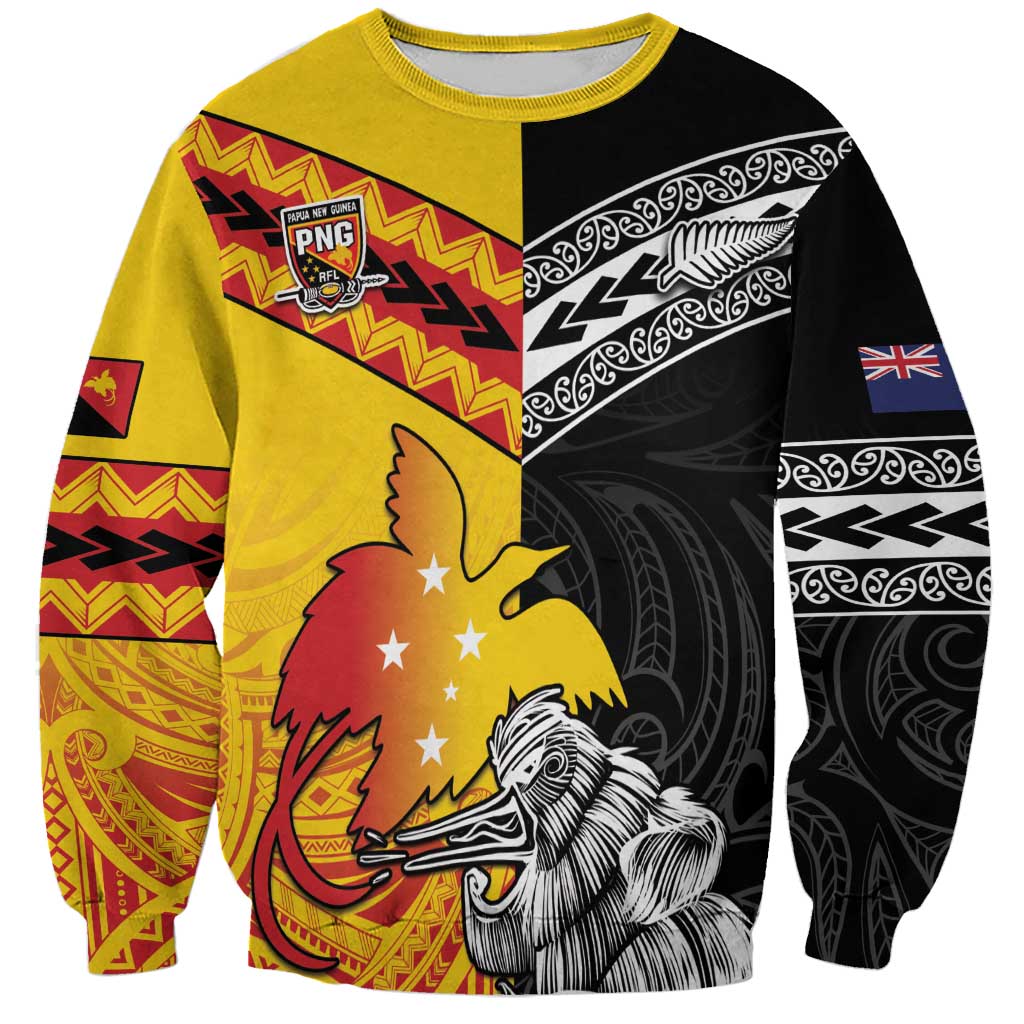 New Zealand And Papua New Guinea Rugby Custom Sweatshirt Maori Kiwi With Bird of Paradise LT05 Unisex Black - Polynesian Pride
