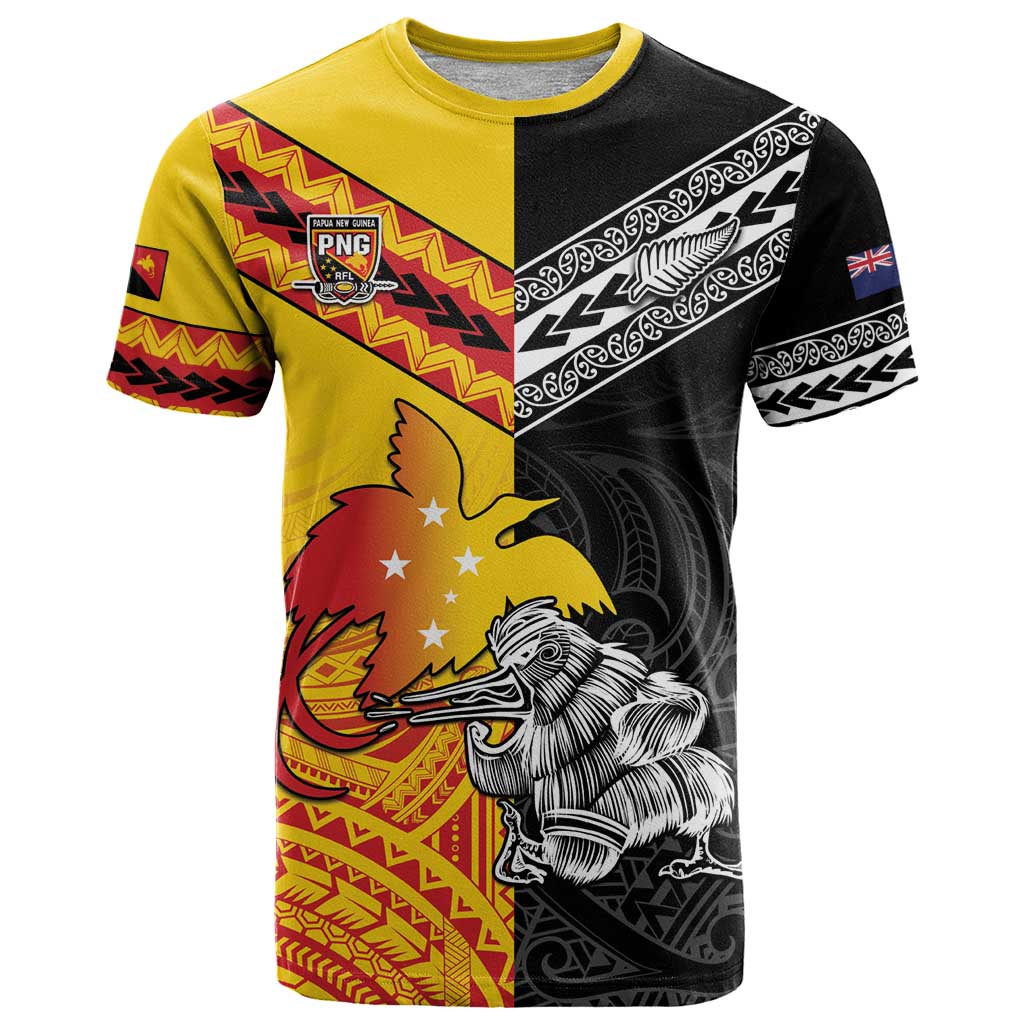 New Zealand And Papua New Guinea Rugby Custom T Shirt Maori Kiwi With Bird of Paradise LT05 Black - Polynesian Pride