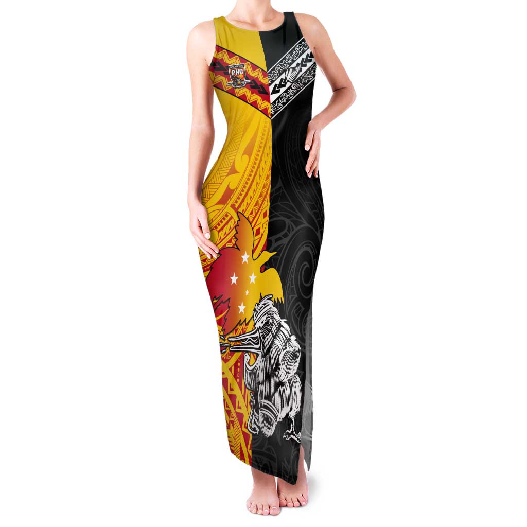 New Zealand And Papua New Guinea Rugby Custom Tank Maxi Dress Maori Kiwi With Bird of Paradise LT05 Women Black - Polynesian Pride