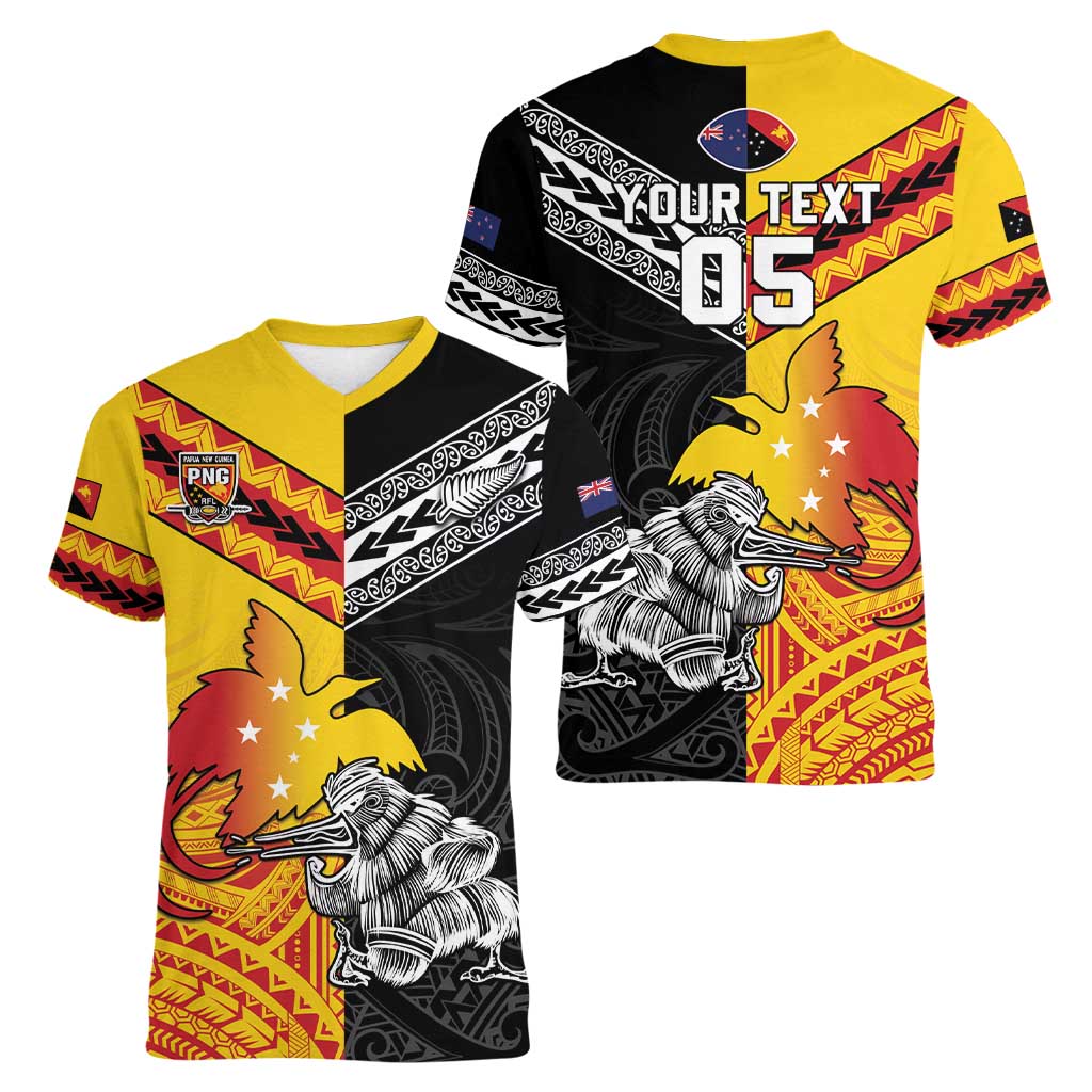 New Zealand And Papua New Guinea Rugby Custom Women V-Neck T-Shirt Maori Kiwi With Bird of Paradise LT05 - Polynesian Pride