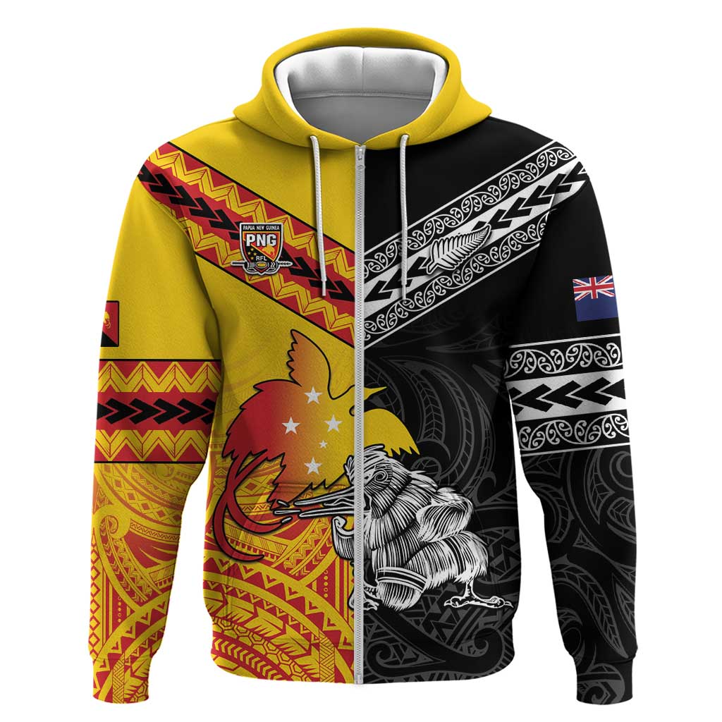 New Zealand And Papua New Guinea Rugby Custom Zip Hoodie Maori Kiwi With Bird of Paradise LT05 Zip Hoodie Black - Polynesian Pride