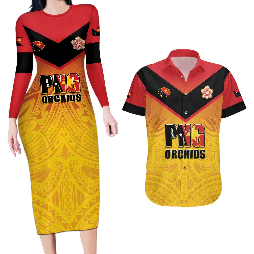 Papua New Guinea Rugby Custom Couples Matching Long Sleeve Bodycon Dress and Hawaiian Shirt Go Orchids Pacific Champions LT05 Yellow - Polynesian Pride