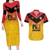 Papua New Guinea Rugby Custom Couples Matching Long Sleeve Bodycon Dress and Hawaiian Shirt Go Orchids Pacific Champions LT05 Yellow - Polynesian Pride