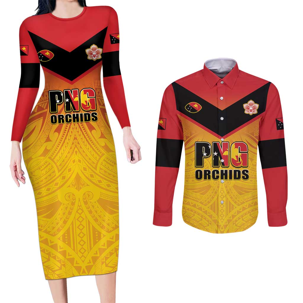 Papua New Guinea Rugby Custom Couples Matching Long Sleeve Bodycon Dress and Long Sleeve Button Shirt Go Orchids Pacific Champions LT05 Yellow - Polynesian Pride