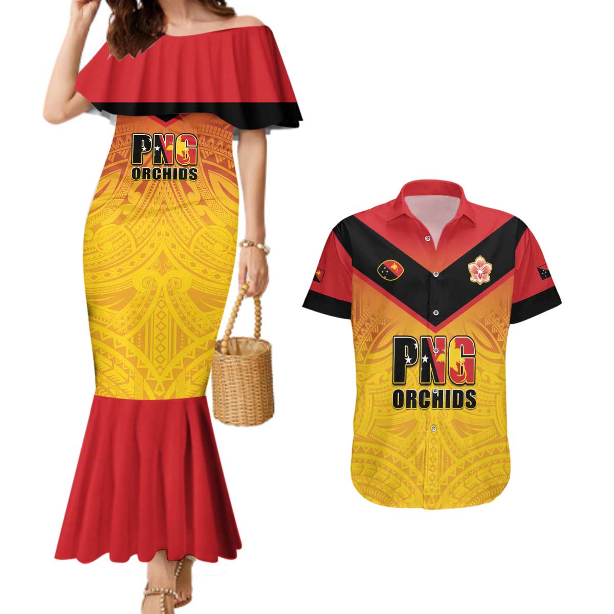 Papua New Guinea Rugby Custom Couples Matching Mermaid Dress and Hawaiian Shirt Go Orchids Pacific Champions LT05 Yellow - Polynesian Pride