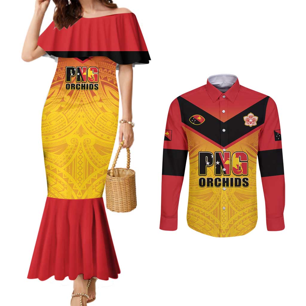Papua New Guinea Rugby Custom Couples Matching Mermaid Dress and Long Sleeve Button Shirt Go Orchids Pacific Champions LT05 Yellow - Polynesian Pride