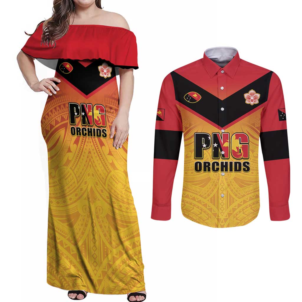 Papua New Guinea Rugby Custom Couples Matching Off Shoulder Maxi Dress and Long Sleeve Button Shirt Go Orchids Pacific Champions LT05 Yellow - Polynesian Pride
