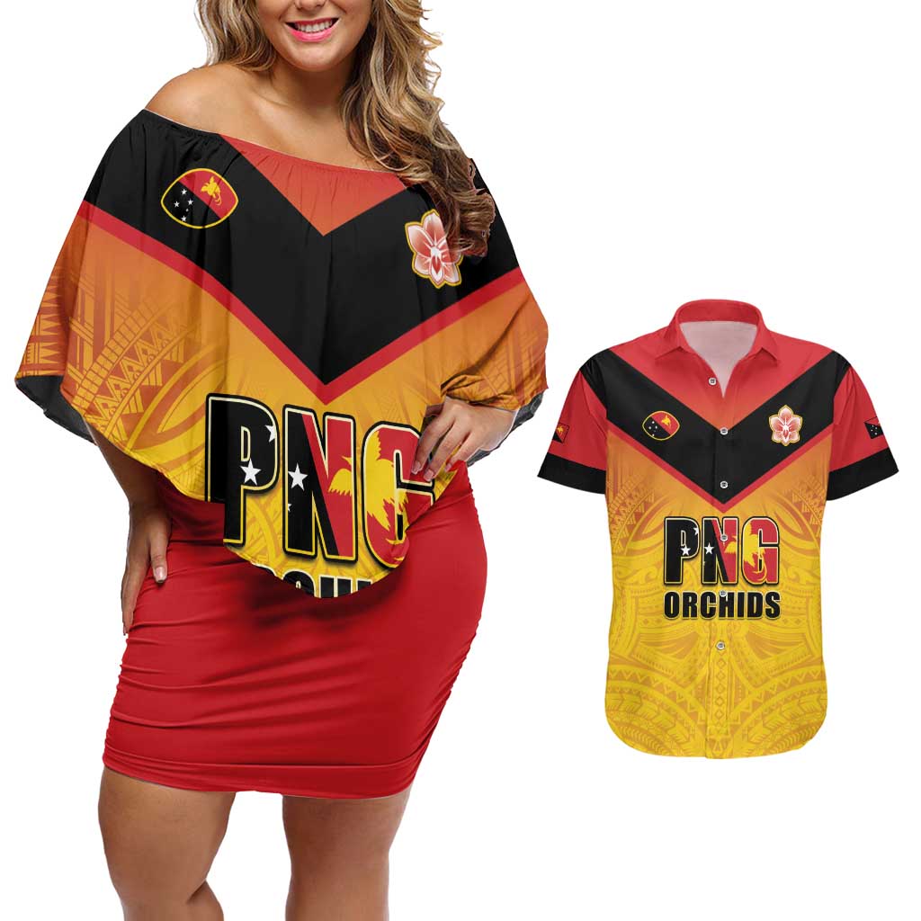 Papua New Guinea Rugby Custom Couples Matching Off Shoulder Short Dress and Hawaiian Shirt Go Orchids Pacific Champions LT05 Yellow - Polynesian Pride