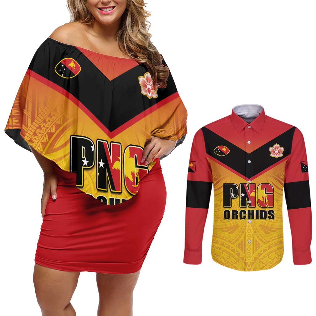 Papua New Guinea Rugby Custom Couples Matching Off Shoulder Short Dress and Long Sleeve Button Shirt Go Orchids Pacific Champions LT05 Yellow - Polynesian Pride