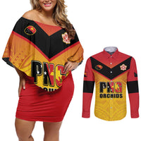 Papua New Guinea Rugby Custom Couples Matching Off Shoulder Short Dress and Long Sleeve Button Shirt Go Orchids Pacific Champions LT05 Yellow - Polynesian Pride