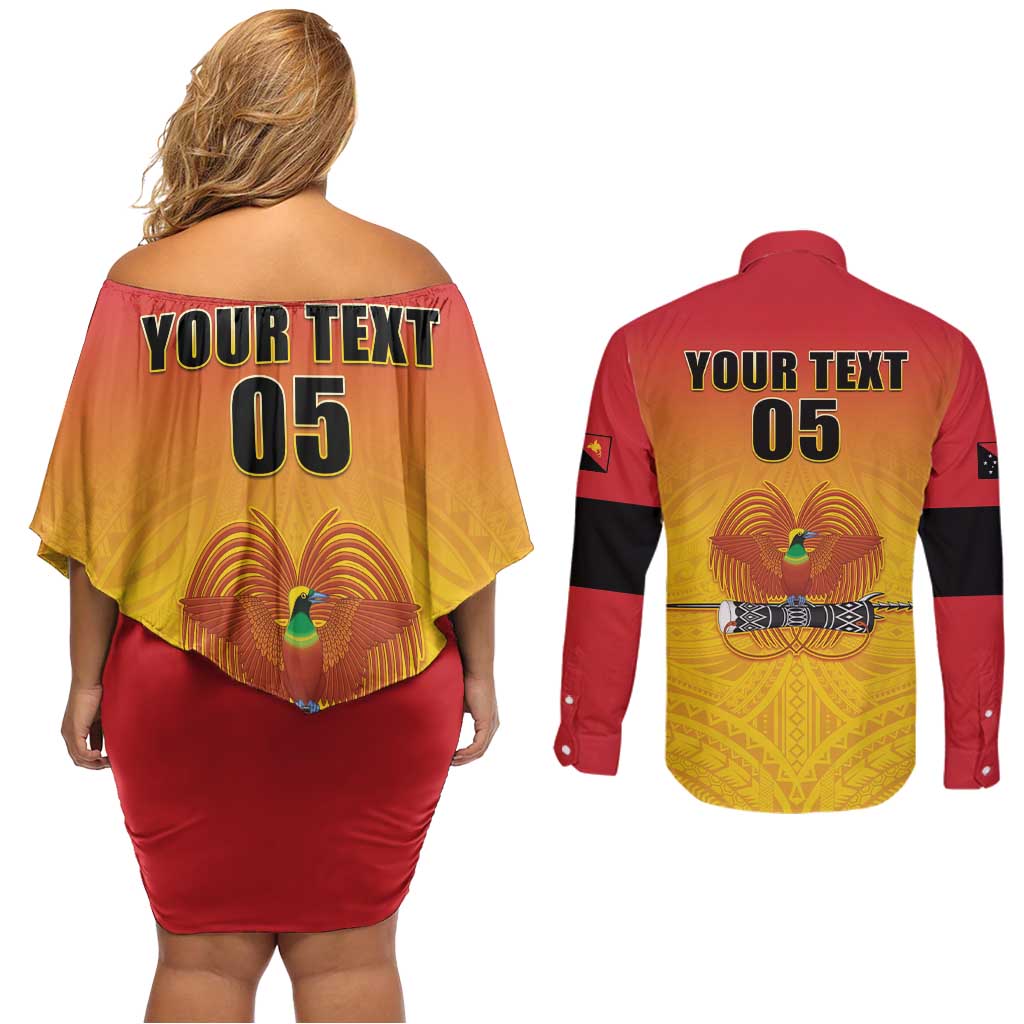 Papua New Guinea Rugby Custom Couples Matching Off Shoulder Short Dress and Long Sleeve Button Shirt Go Orchids Pacific Champions LT05 - Polynesian Pride
