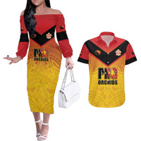 Papua New Guinea Rugby Custom Couples Matching Off The Shoulder Long Sleeve Dress and Hawaiian Shirt Go Orchids Pacific Champions LT05 Yellow - Polynesian Pride