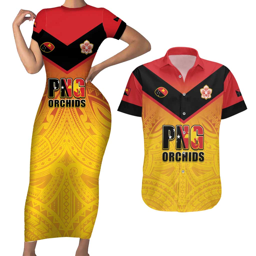 Papua New Guinea Rugby Custom Couples Matching Short Sleeve Bodycon Dress and Hawaiian Shirt Go Orchids Pacific Champions LT05 Yellow - Polynesian Pride