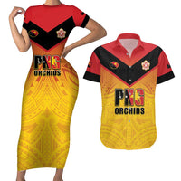 Papua New Guinea Rugby Custom Couples Matching Short Sleeve Bodycon Dress and Hawaiian Shirt Go Orchids Pacific Champions LT05 Yellow - Polynesian Pride