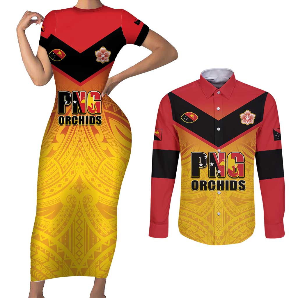 Papua New Guinea Rugby Custom Couples Matching Short Sleeve Bodycon Dress and Long Sleeve Button Shirt Go Orchids Pacific Champions LT05 Yellow - Polynesian Pride