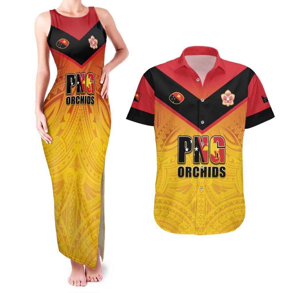 Papua New Guinea Rugby Custom Couples Matching Tank Maxi Dress and Hawaiian Shirt Go Orchids Pacific Champions LT05 Yellow - Polynesian Pride