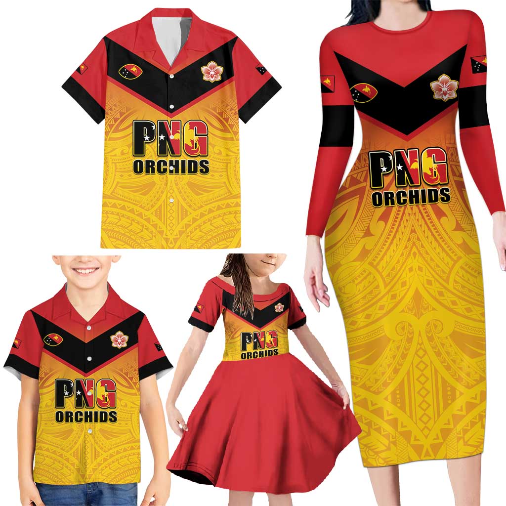 Papua New Guinea Rugby Custom Family Matching Long Sleeve Bodycon Dress and Hawaiian Shirt Go Orchids Pacific Champions LT05 - Polynesian Pride