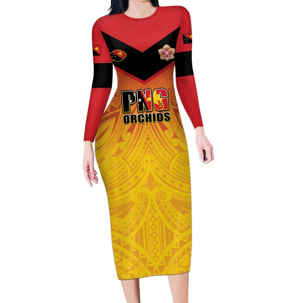 Papua New Guinea Rugby Custom Family Matching Long Sleeve Bodycon Dress and Hawaiian Shirt Go Orchids Pacific Champions LT05 Mom's Dress Yellow - Polynesian Pride