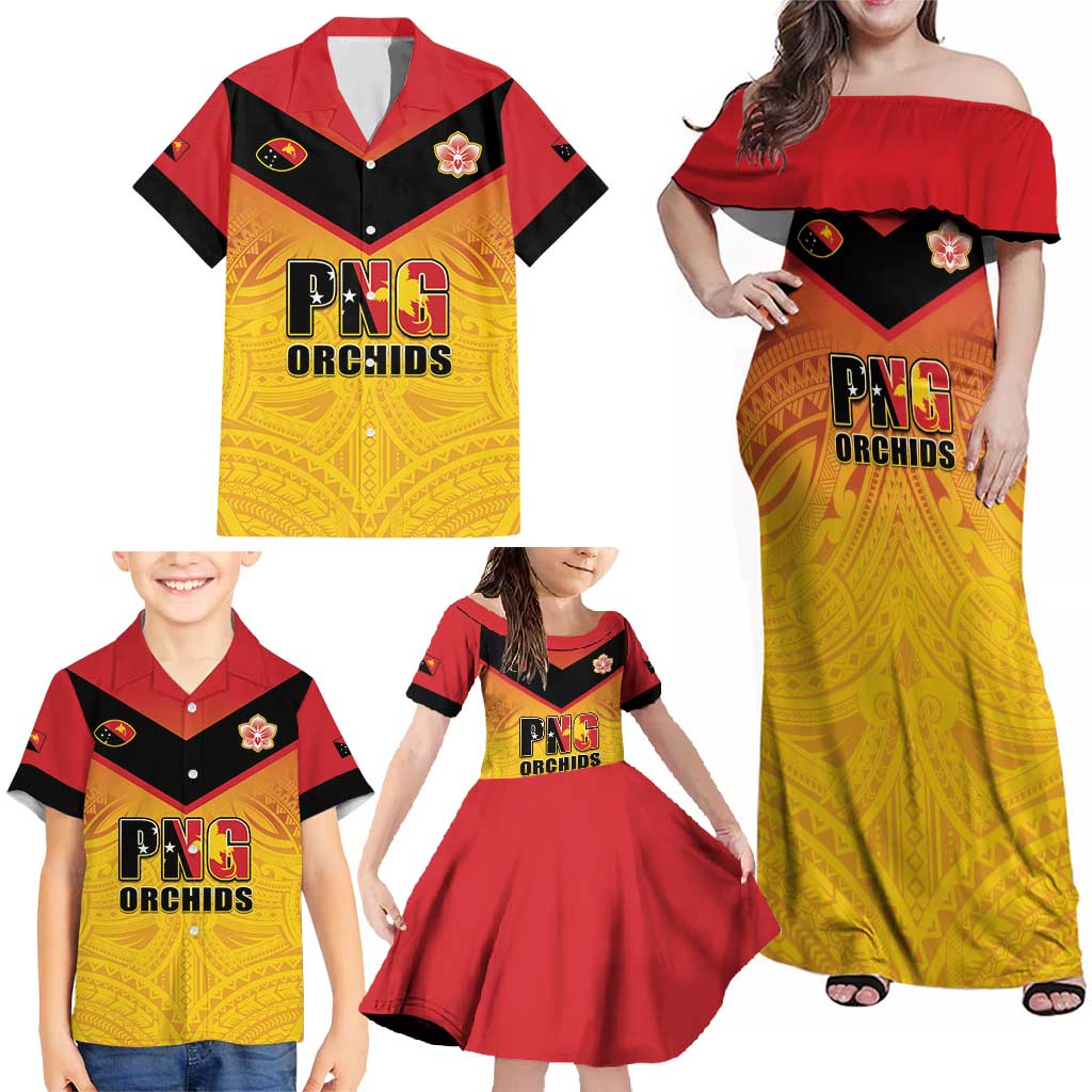 Papua New Guinea Rugby Custom Family Matching Off Shoulder Maxi Dress and Hawaiian Shirt Go Orchids Pacific Champions LT05 - Polynesian Pride