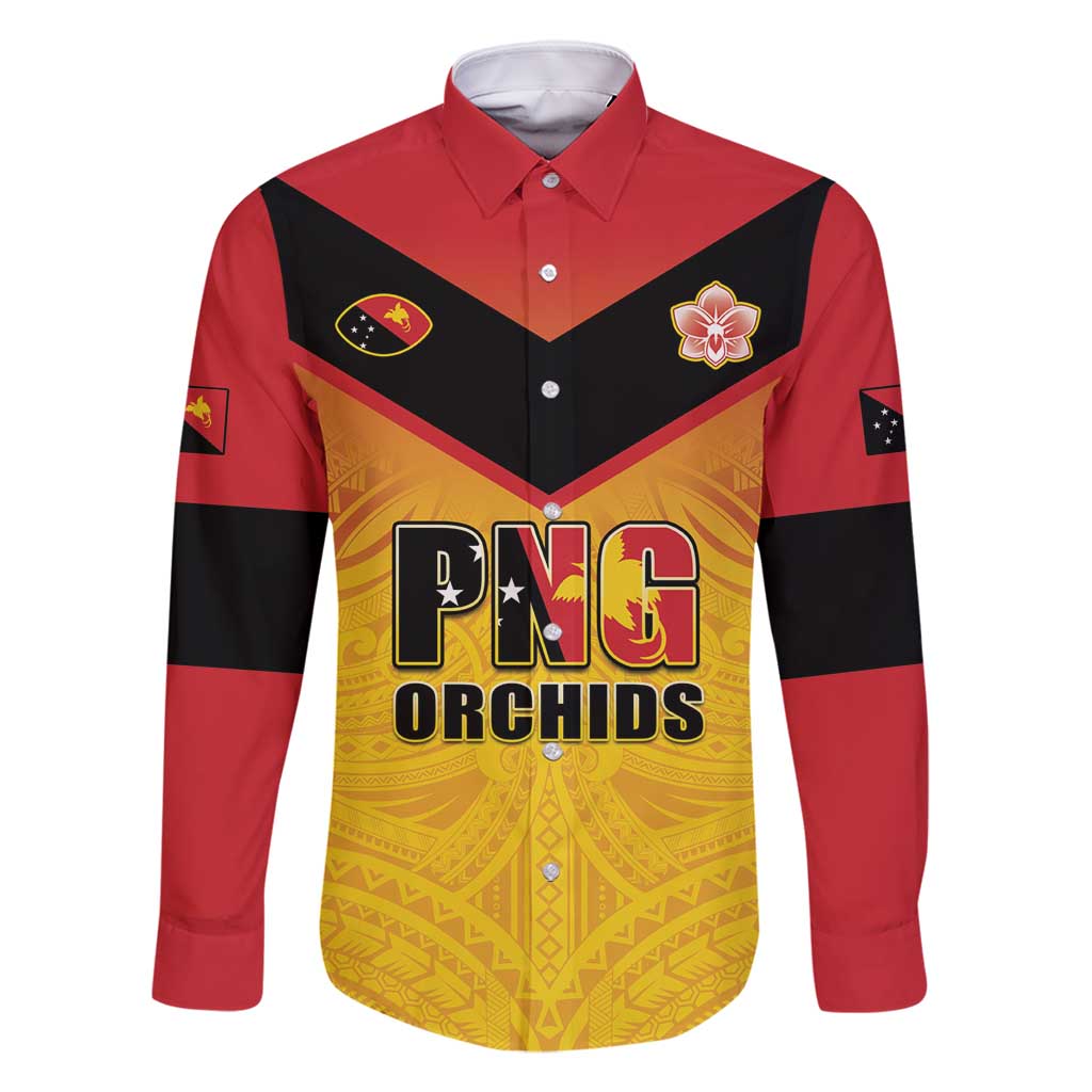 Papua New Guinea Rugby Custom Family Matching Off Shoulder Maxi Dress and Hawaiian Shirt Go Orchids Pacific Champions LT05 Dad's Shirt - Long Sleeve Yellow - Polynesian Pride