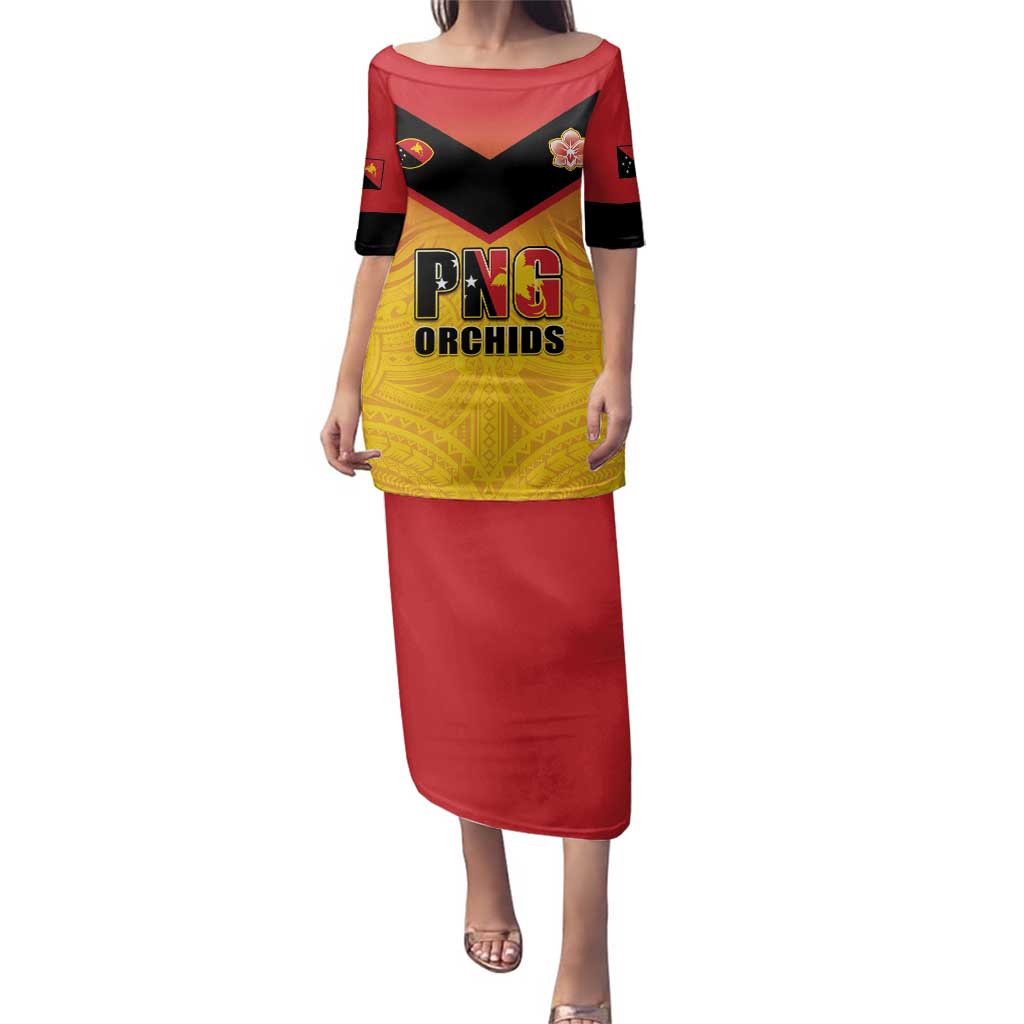 Papua New Guinea Rugby Custom Family Matching Puletasi and Hawaiian Shirt Go Orchids Pacific Champions LT05 Mom's Dress Yellow - Polynesian Pride