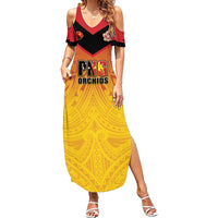 Papua New Guinea Rugby Custom Family Matching Summer Maxi Dress and Hawaiian Shirt Go Orchids Pacific Champions LT05 Mom's Dress Yellow - Polynesian Pride