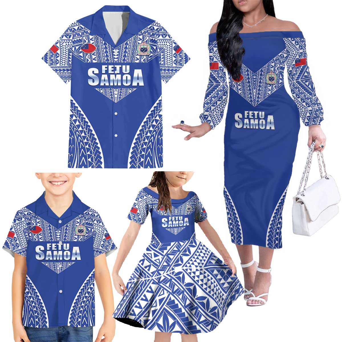 Fetu Samoa Rugby Custom Family Matching Off The Shoulder Long Sleeve Dress and Hawaiian Shirt Go Champions LT05 - Polynesian Pride